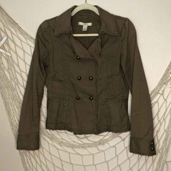 Ann Taylor LOFT Dark Khaki Double-Breasted Peplum Jacket with Raw Trim 2P - Picture 10 of 10